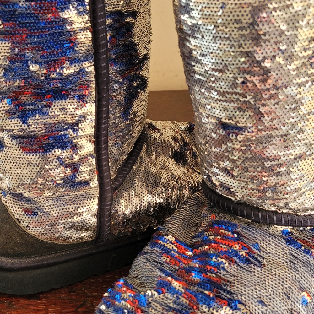 Limited edition Ugg blue orange sequin sheeling leather boots sz 7 - Picture 11 of 12